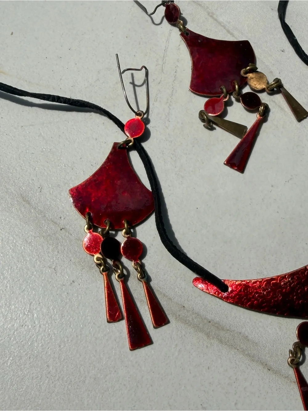 Red Enamel Dangle Necklace and Earring Set